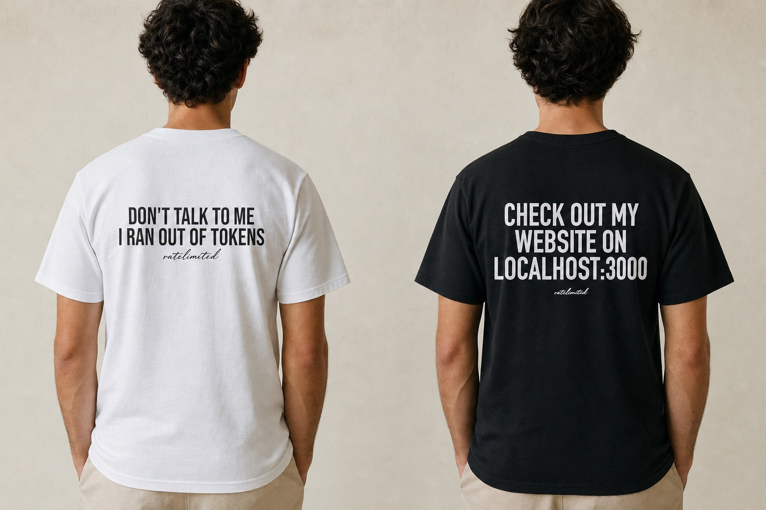 Two people photographed from behind wearing Ratelimited tees, one white reading Don't talk to me I ran out of tokens and one black reading Check out my website on localhost:3000