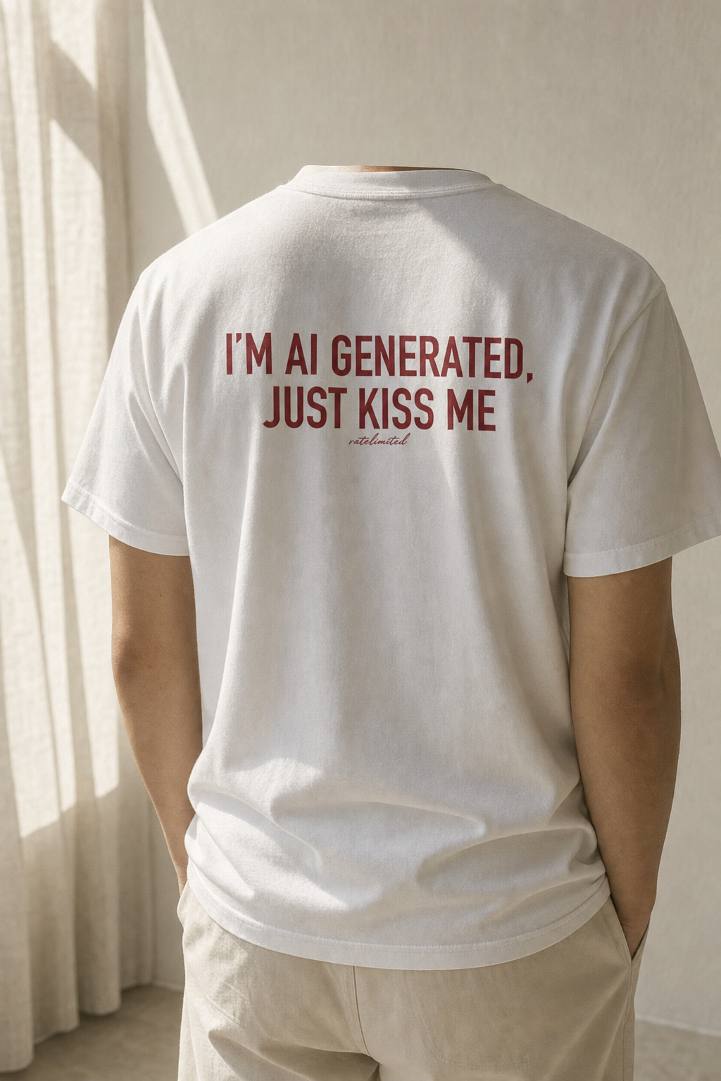 Model seen from behind wearing the white Just Kiss Me tee, back print reading "I'm AI generated, just kiss me"