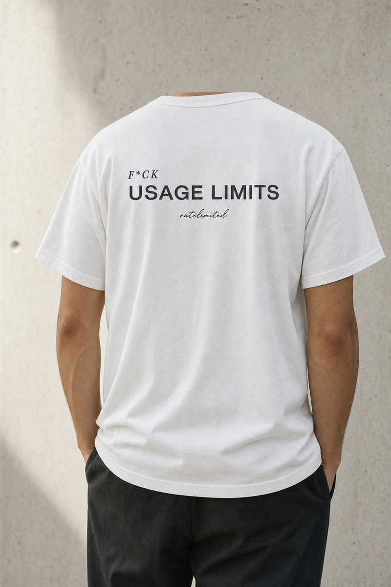 Model seen from behind wearing the white tee, back print reading "F*ck usage limits"